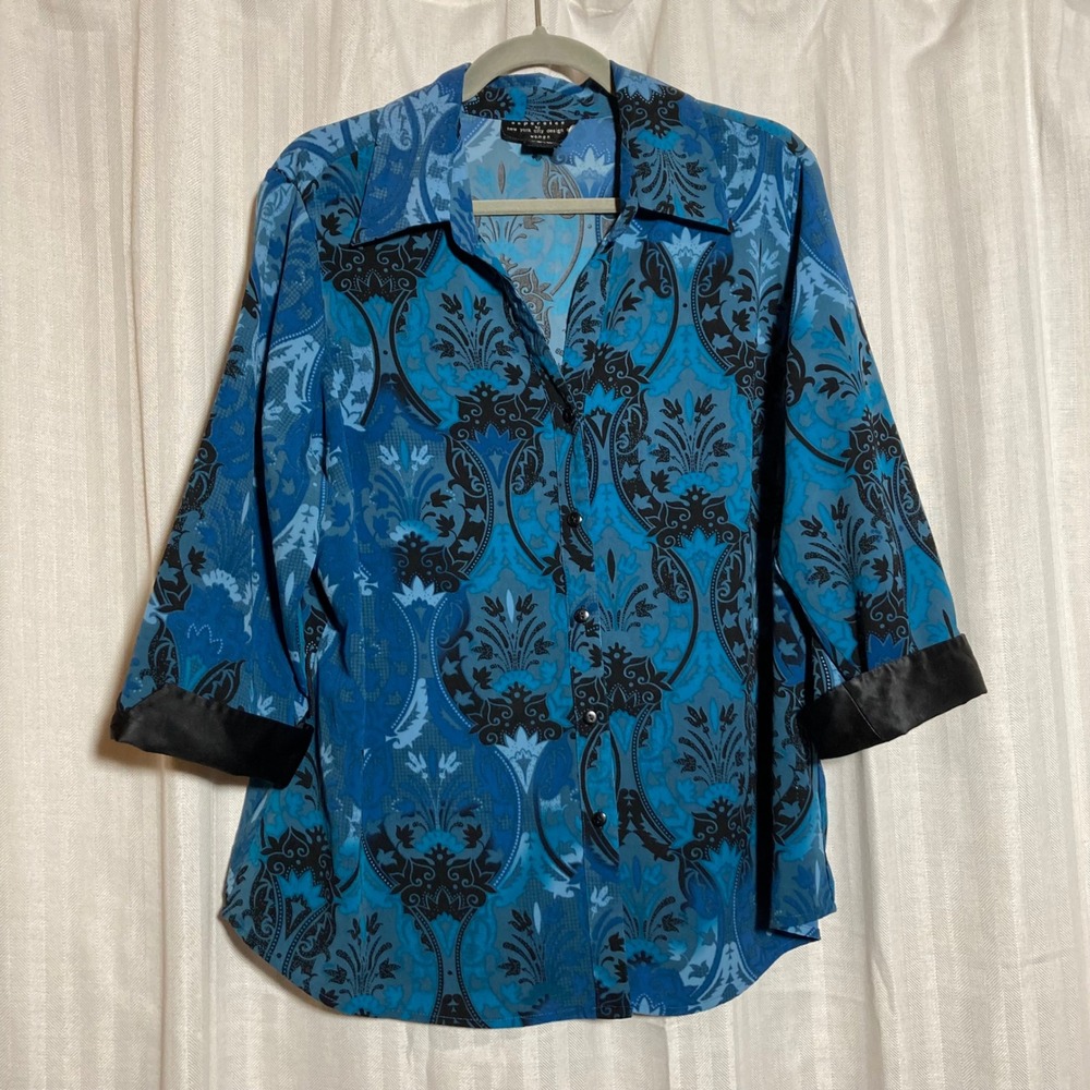 Artsy Blue Damask Paisley Button Up Blouse 3/4 Sleeve Satin Cuff 1X NYC Design C - Picture 1 of 5